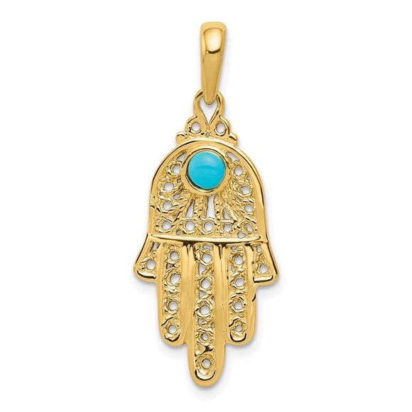 10k Yellow Gold Turquoise Filigree Chamseh Pendant